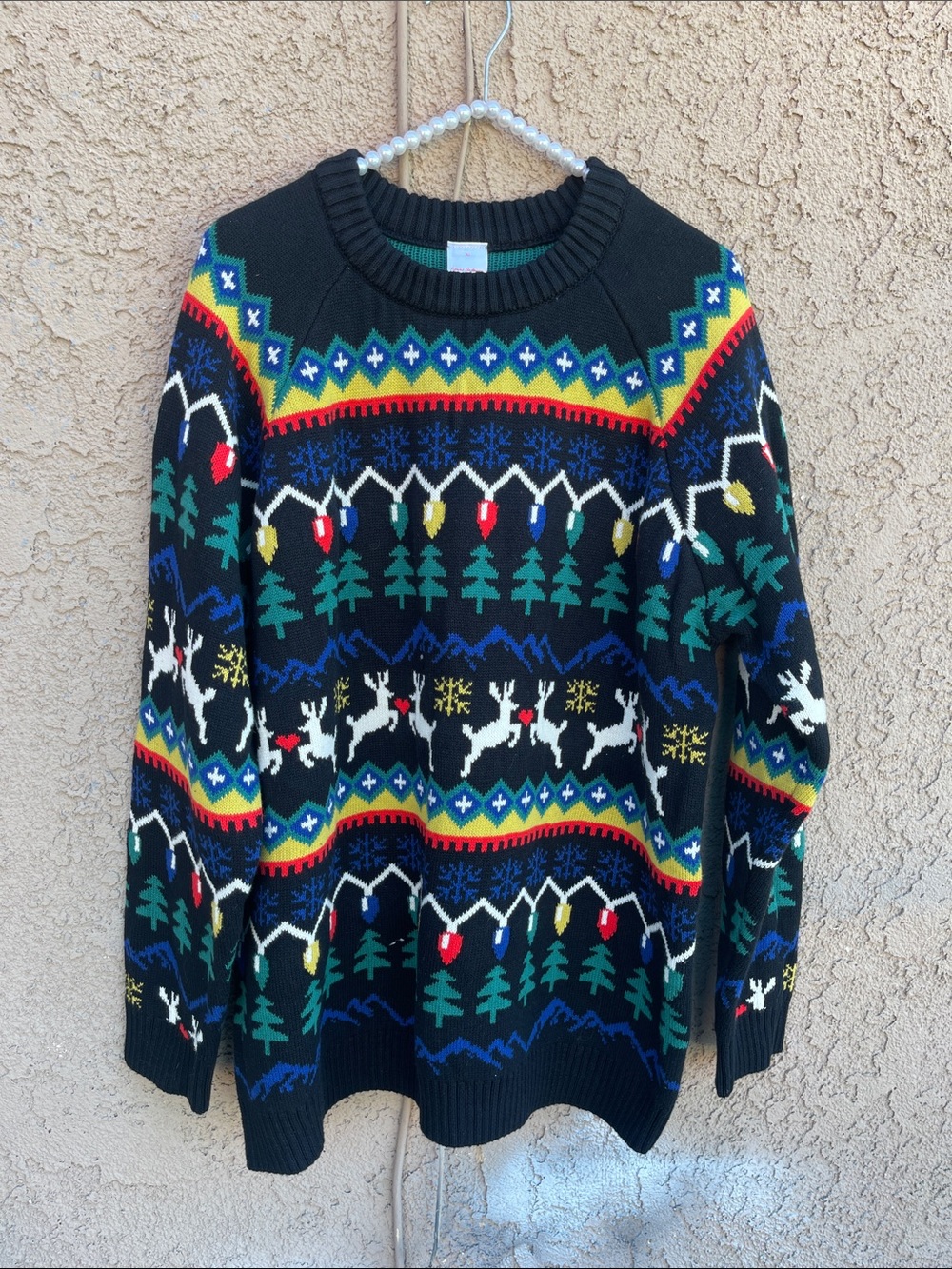 Men's Black Holiday Reindeer Crewneck Sweater Ugly Christmas Fair Isle Sz XL